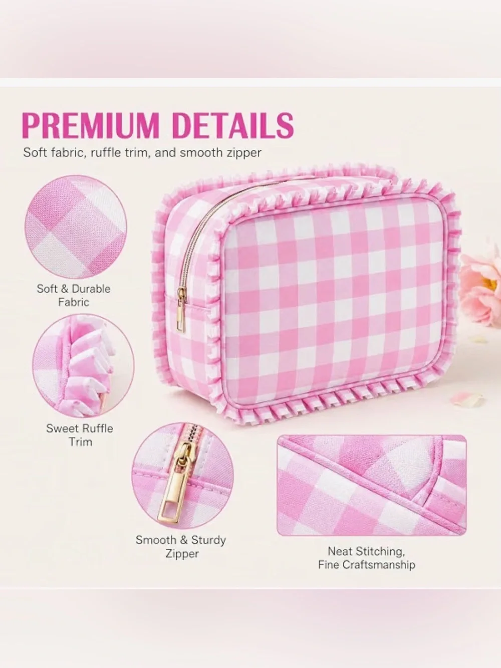Pink Gingham Ruffle Cosmetic Bag - Women Bags